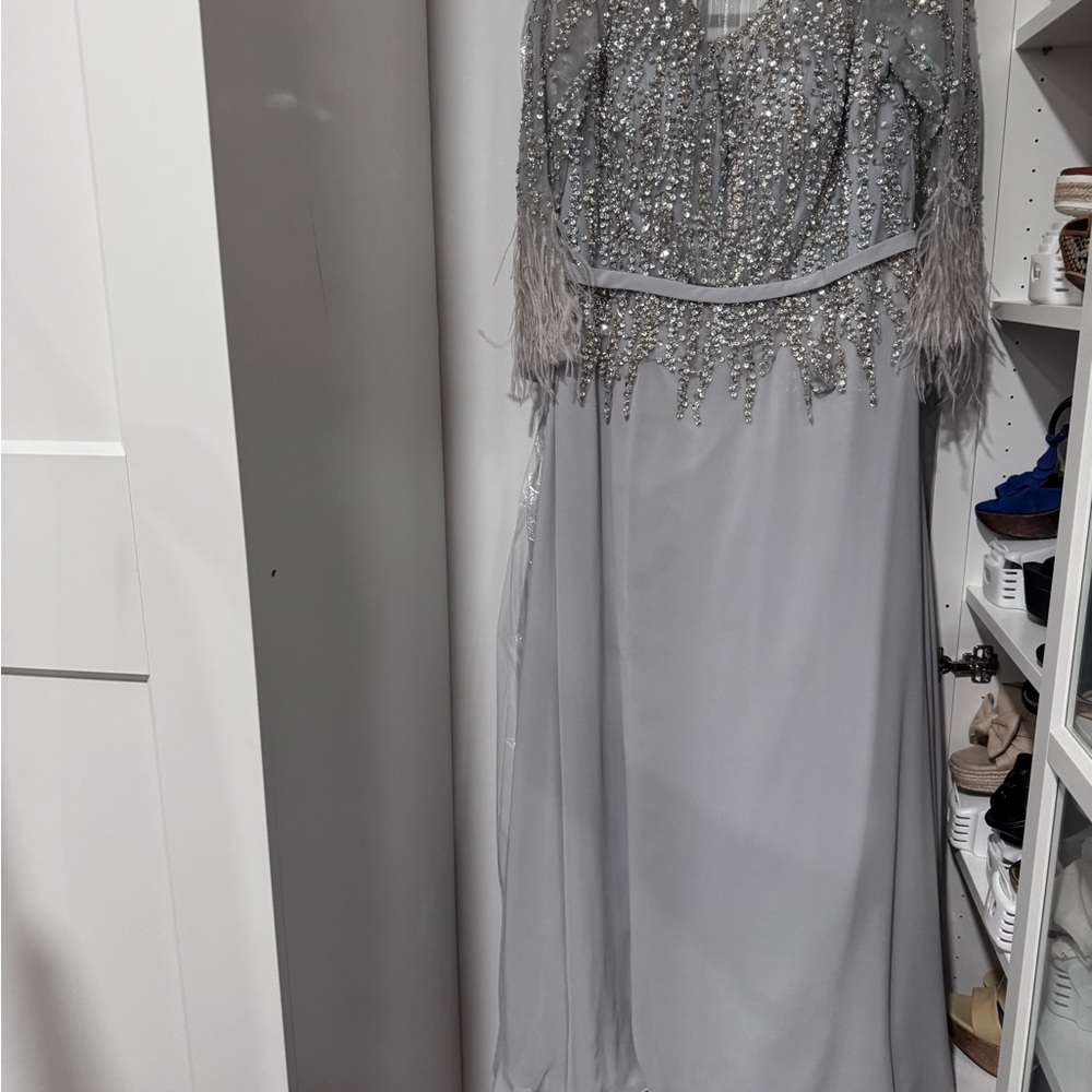 Terani Couture Silver Embellished Long Sleeve Dress
